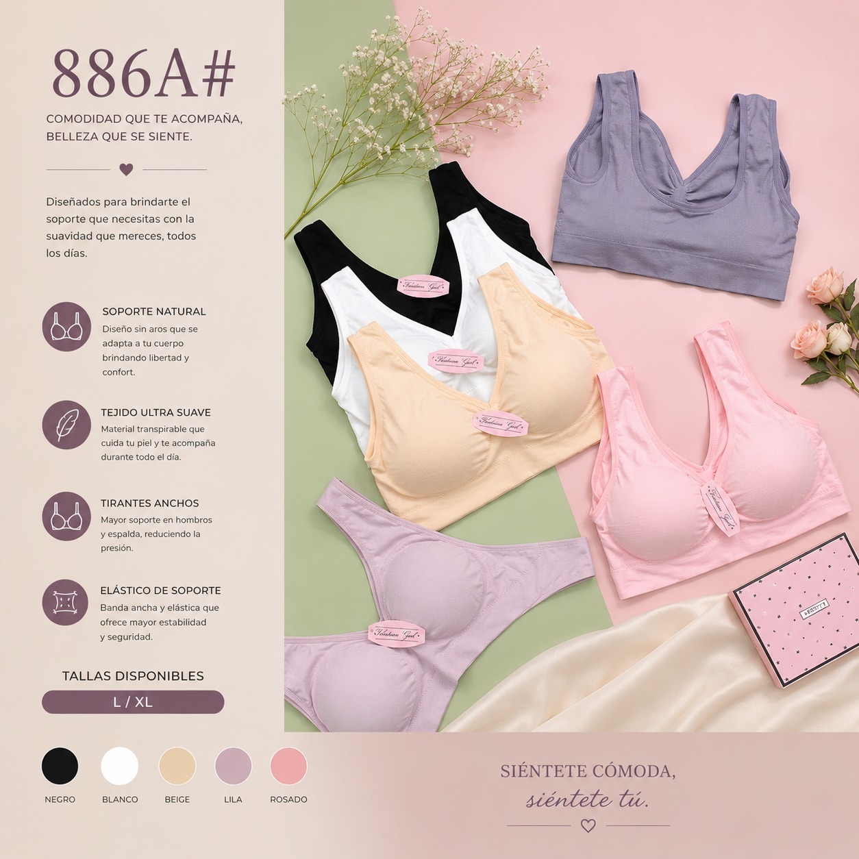 Brasier tipo top liso de tirantes anchos, código 886A#