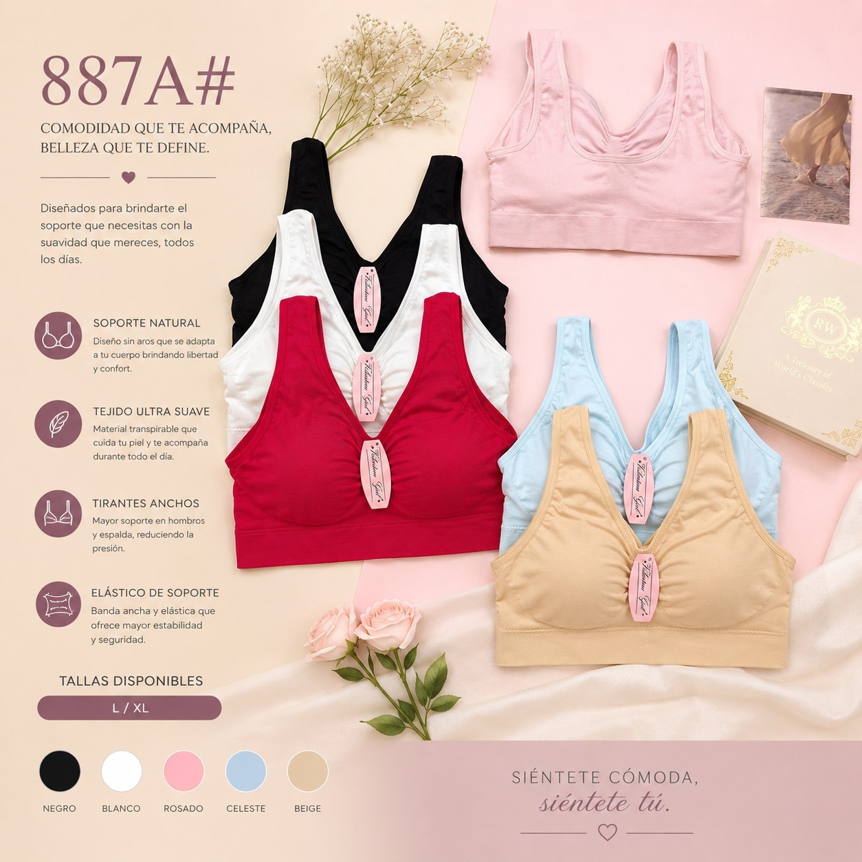 Brasier tipo top de tirantes anchos en colores surtidos, código 887A#