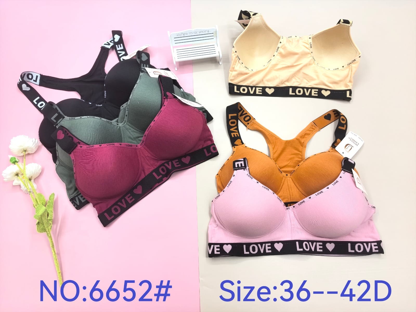 Brasier tipo deportivo LOVE con espalda tipo nadador, copa D, código 6652#