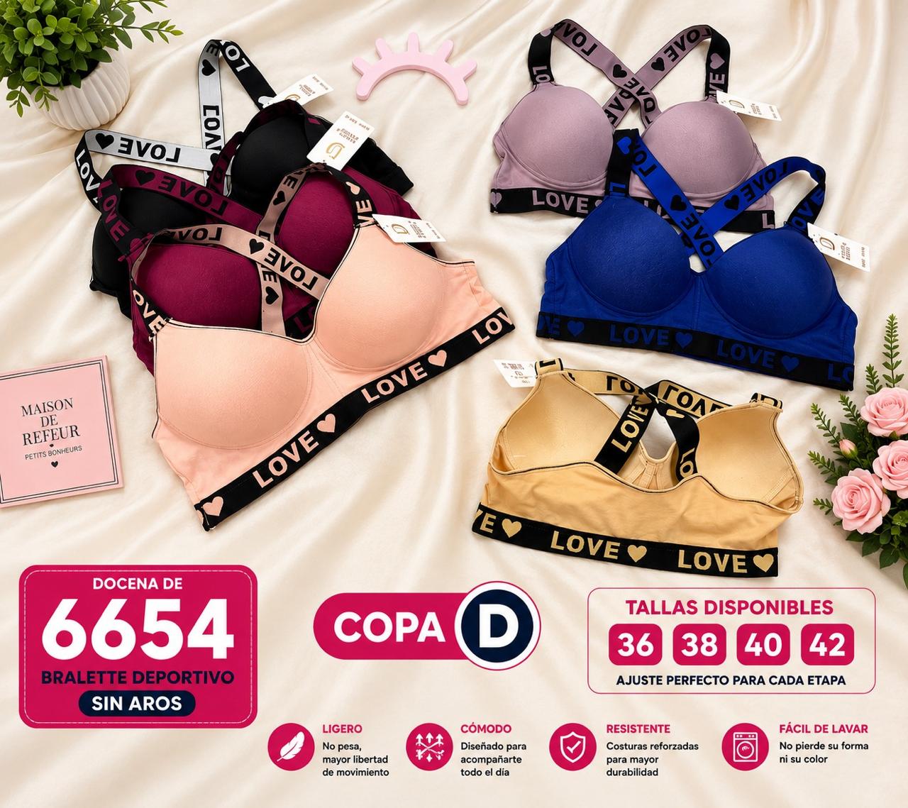 Bralette deportivo LOVE sin aros, copa D, por docena, código 6654