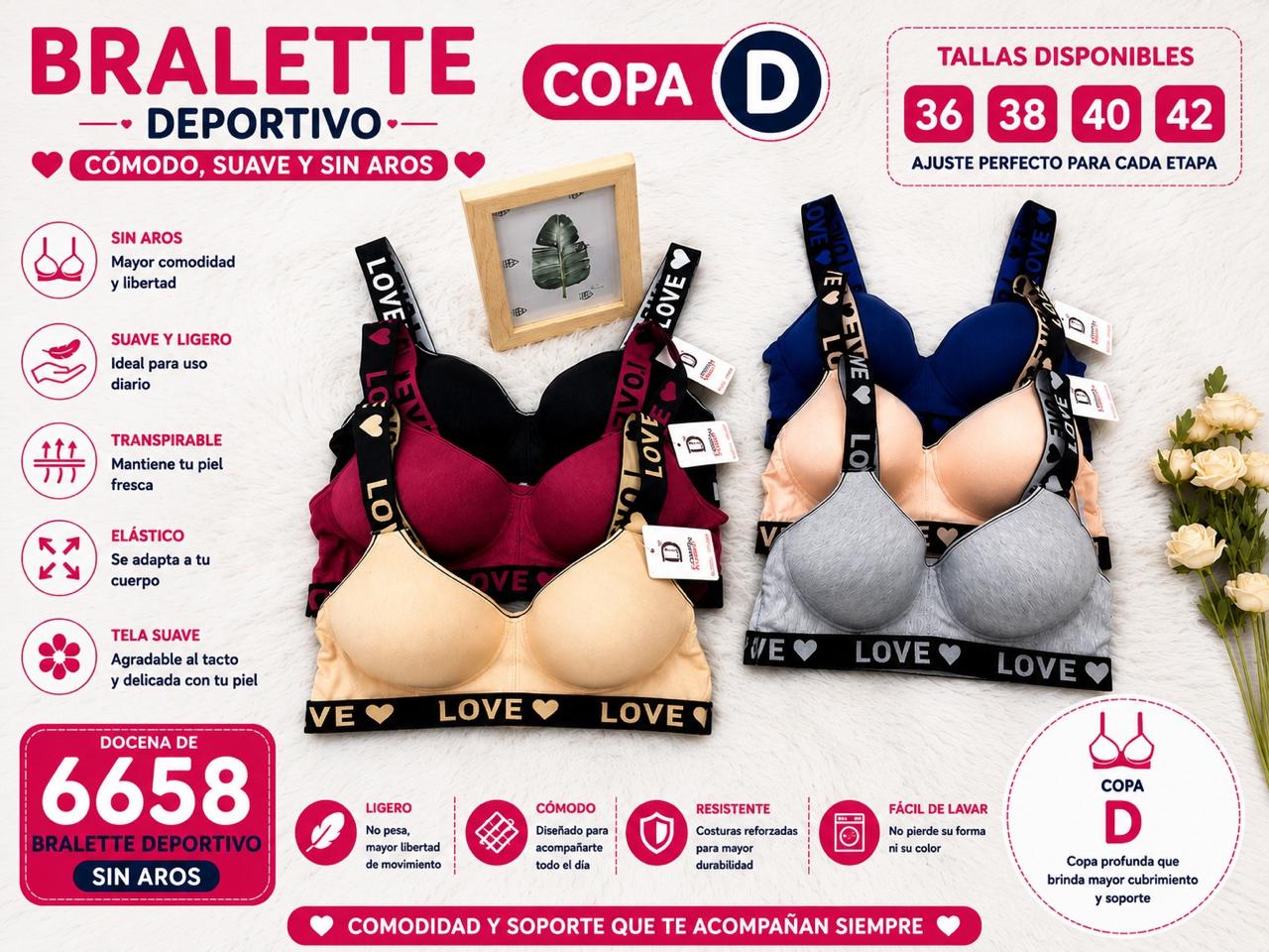 Bralette deportivo sin aros con banda LOVE, copa D, código 6658