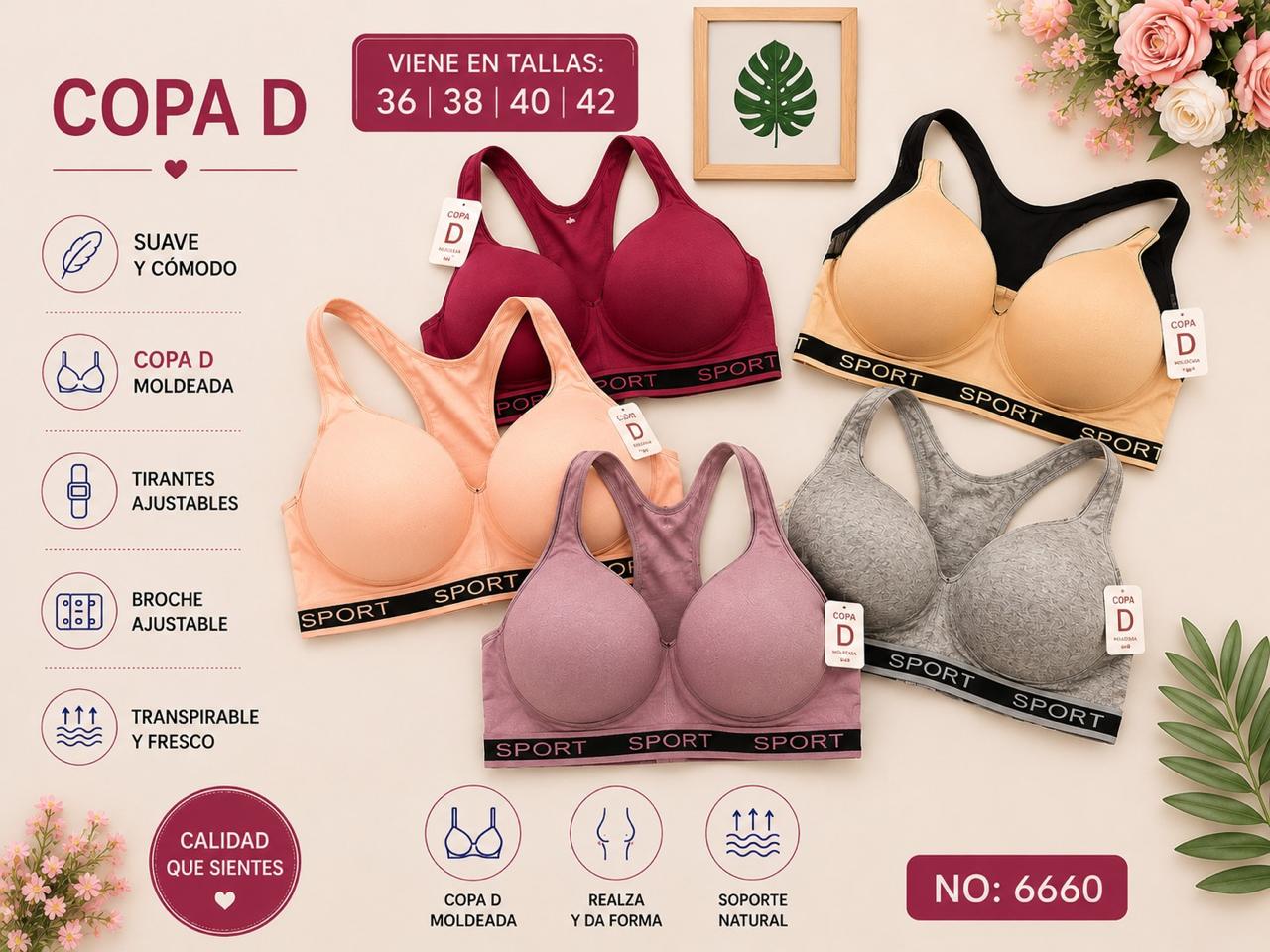 Brasier tipo bralette deportivo con banda SPORT, copa D, código 6660