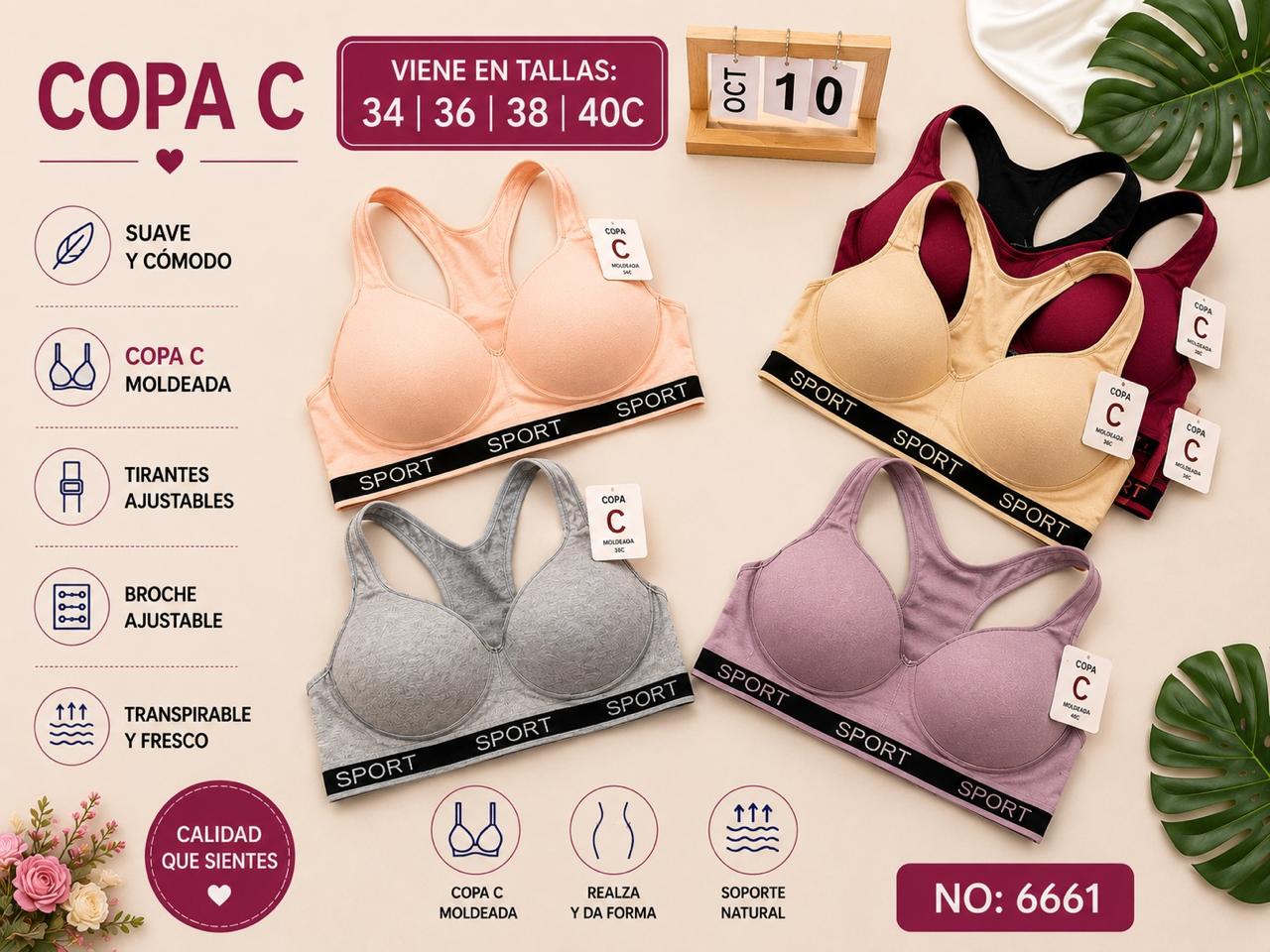 Brasier tipo bralette deportivo con banda SPORT, copa C, código 6661