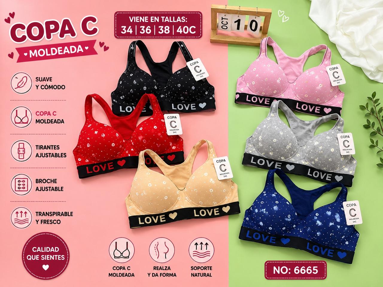 Bralette estampado con banda LOVE, copa C, código 6665