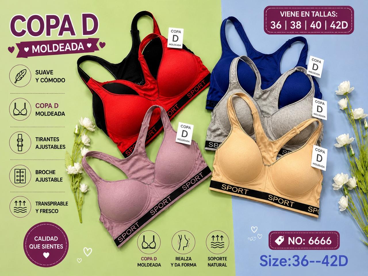 Brasier tipo bralette deportivo con banda SPORT, copa D, código 6666