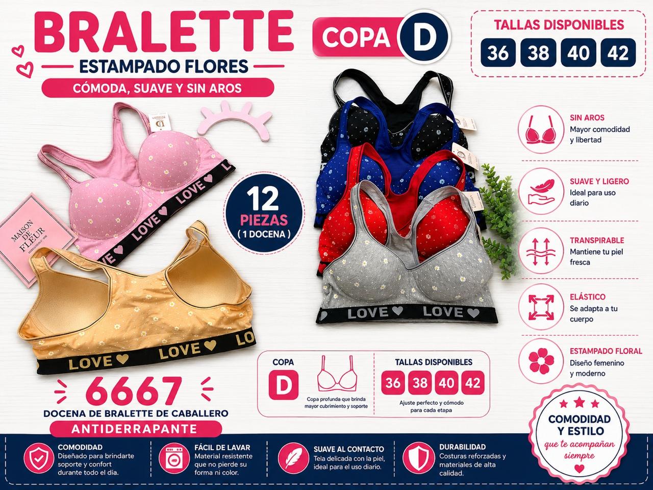 Bralette floral sin aros con banda LOVE, copa D, código 6667