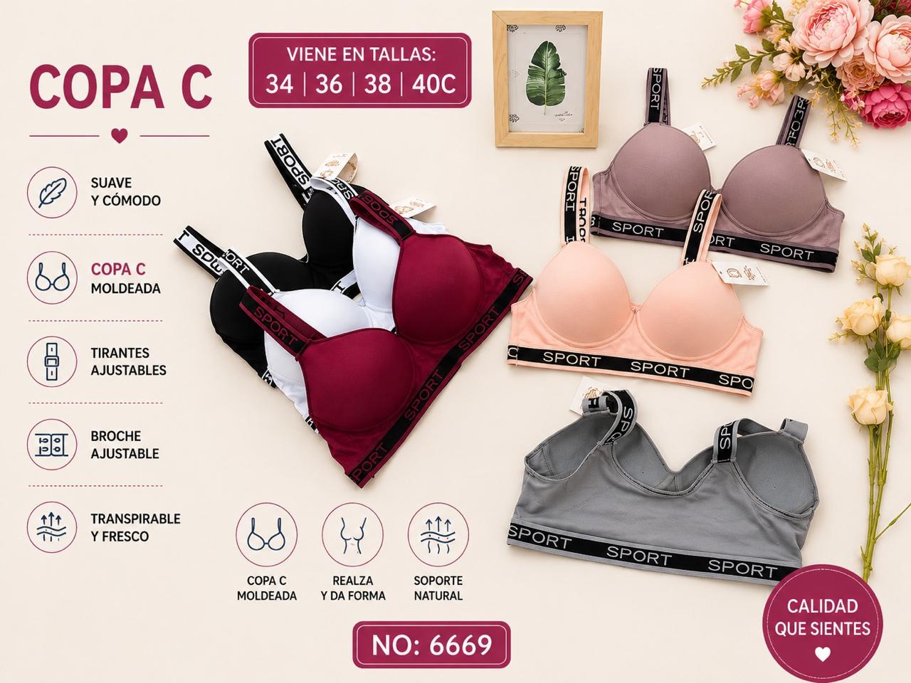 Brasier tipo bralette con tirantes SPORT, copa C, código 6669