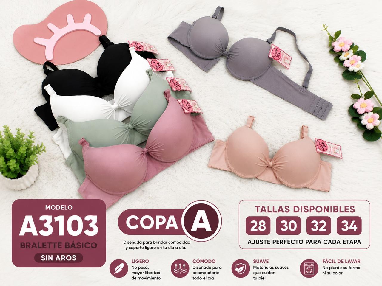 Bralette básico liso con nudo central, copa A, indicado sin aros, código A3103