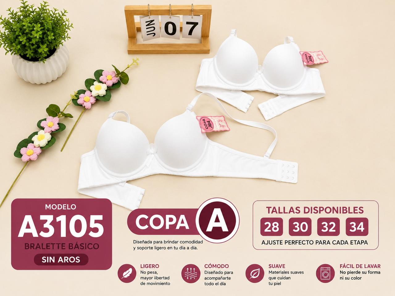 Bralette básico blanco de copa lisa, copa A, indicado sin aros, código A3105