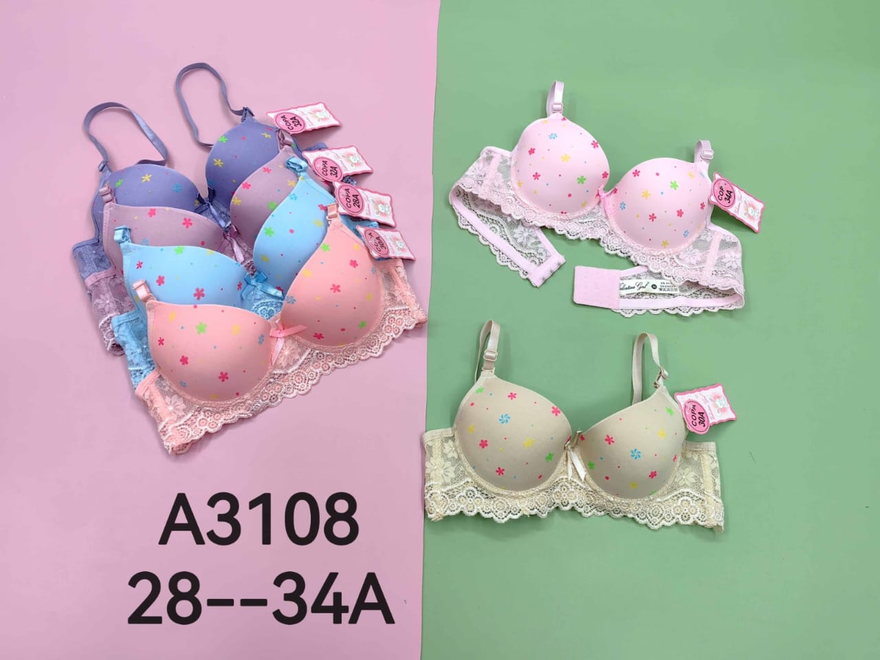Brasier estampado de flores pequeñas con base de encaje, copa A, código A3108