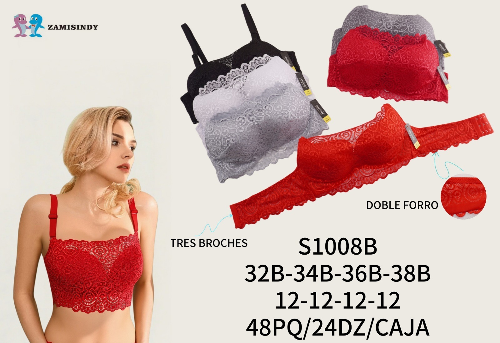 Brasier tipo bustier de encaje con doble forro, copa B, código S1008B