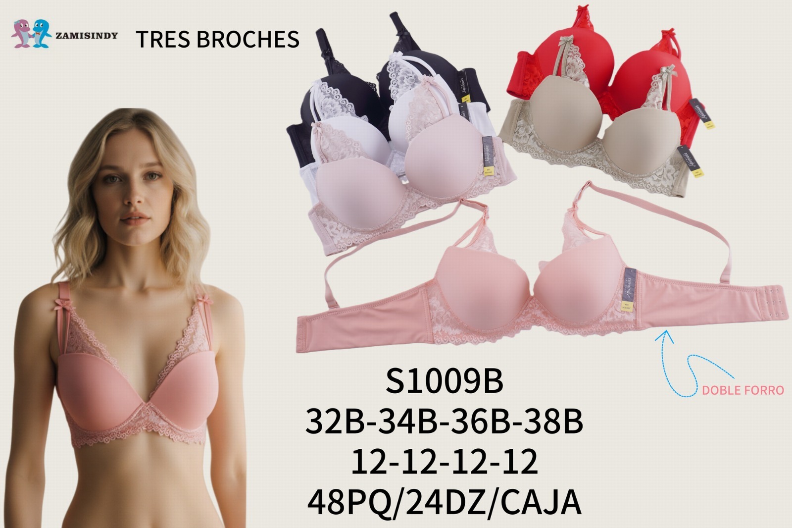 Brasier de copa lisa con aplicaciones de encaje y doble forro, copa B rotulada, código S1009B