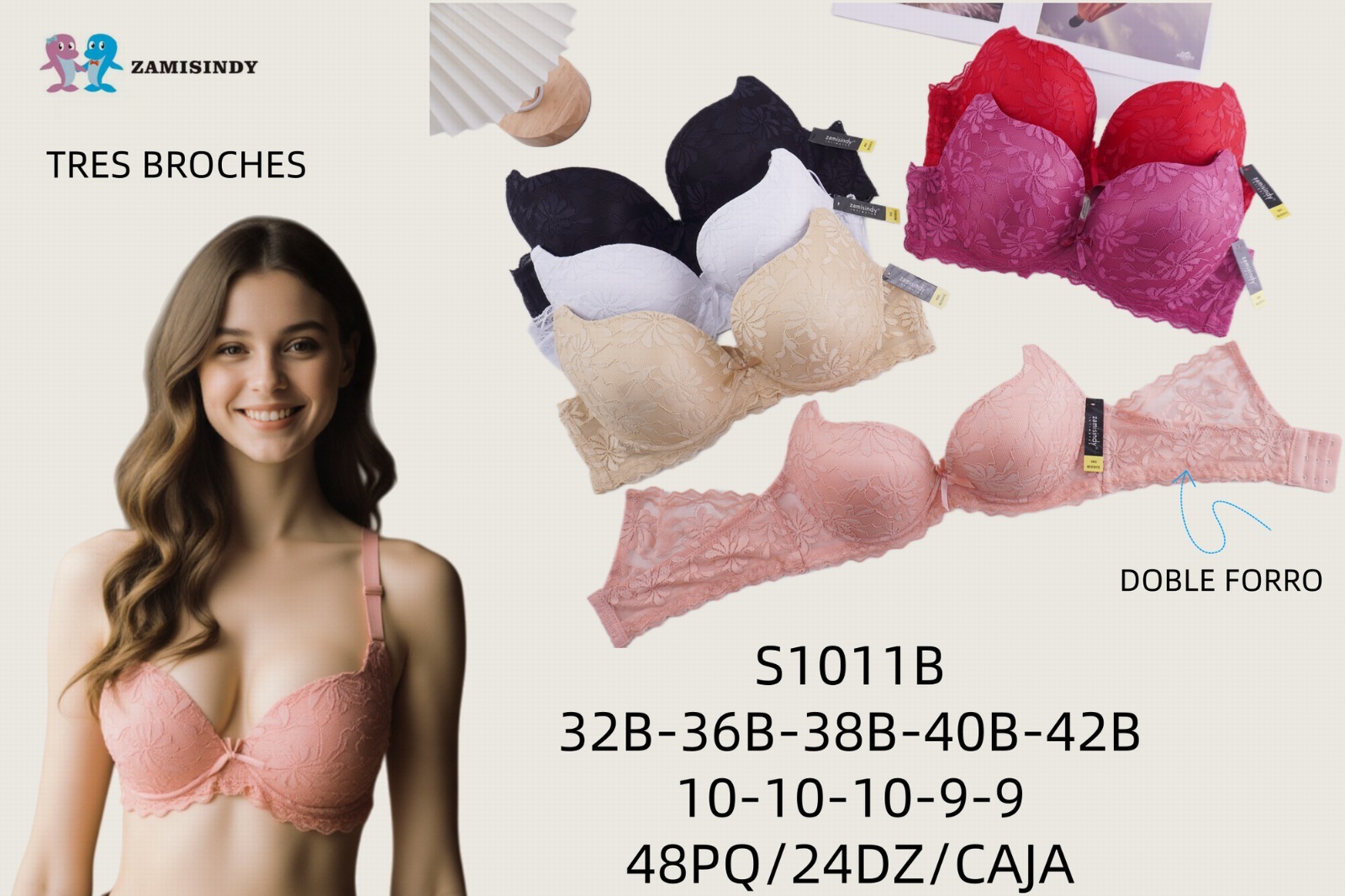 Brasier de encaje floral con doble forro, copa B rotulada, código S1011B