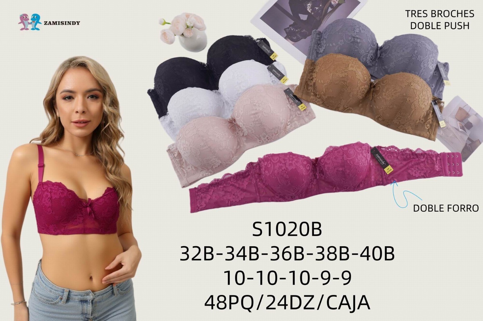 Brasier de encaje floral con banda ancha, copa B, código S1020B