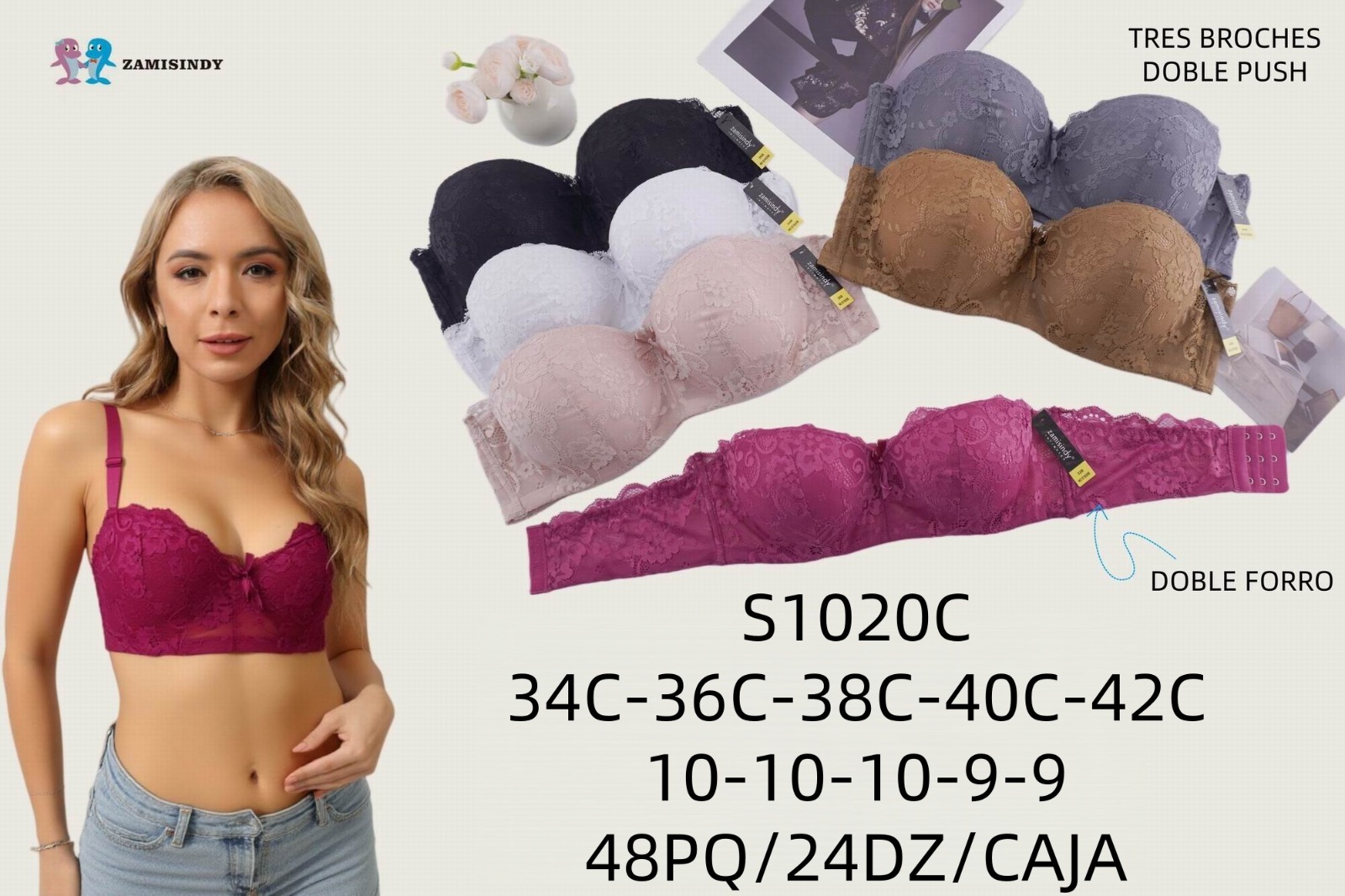 Brasier de encaje floral con banda ancha, copa C, código S1020C