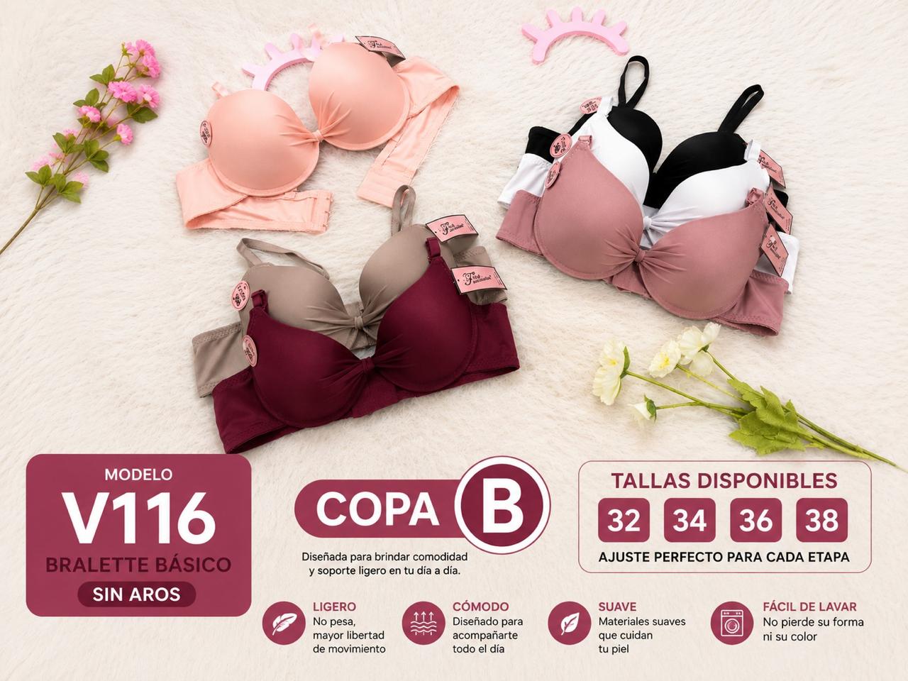 Bralette básico sin aros con fruncido central, copa B, código V116